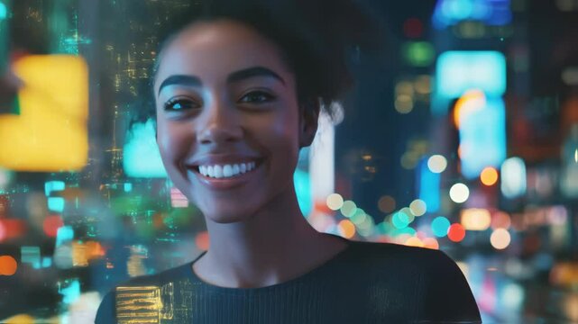 Confident black professional woman smiling amid digital information overlaying vibrant nighttime urban cityscape, representing technological innovation and connected communication