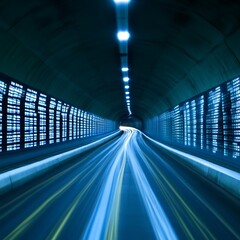 Fototapeta premium Illuminated tunnel showcasing blurred vehicle lights with interior architecture design