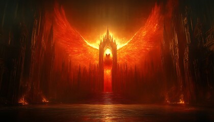 A fiery castle facade with glowing wings and burning landscape