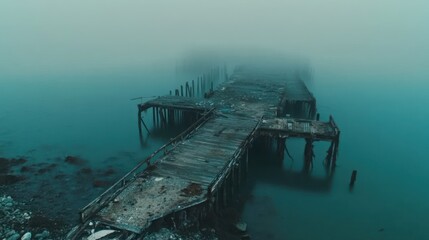 Decaying wooden pier structure extends into the misty turquoise water