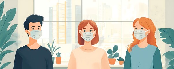 Business meeting scene with participants wearing face masks, discussing strategies in an office setting, highlighting new norms in professional interactions during the pandemic.