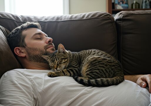 Man sleeping on couch with kitten resting on chest in cozy home setting