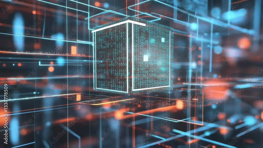 Poster complex network connections and data streams surround a rotating digital cube, visualizing the conce