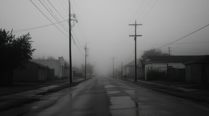 Empty street with power lines under a thick gray atmospheric fog