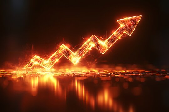 Business growth and data analysis visualized through a rising arrow chart in a futuristic digital environment, emphasizing the intersection big data and economic strategy.
