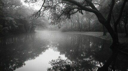 A serene black and white landscape of a misty lake