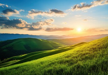 Obraz premium Serene Sunrise Over Rolling Green Hills with Soft Light and Colorful Clouds Touching the Horizon in a Peaceful Landscape Setting
