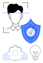 Face recognition framed by scanning lines, shield with checkmark, gear, and light bulb. Ideal for security, technology, innovation, privacy authentication biometrics creativity. Flat simple