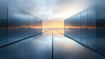 Two mirrored glass walls with a reflected sunset horizon