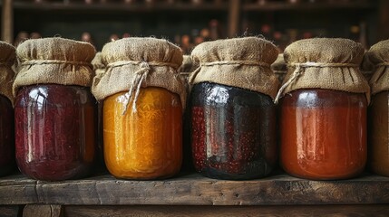 A collection of jars containing different colored liquids in a display that represents local wisdom in fermentation techniques