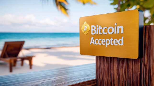 Golden sign on beach indicating cryptocurrency acceptance, evoking excitement