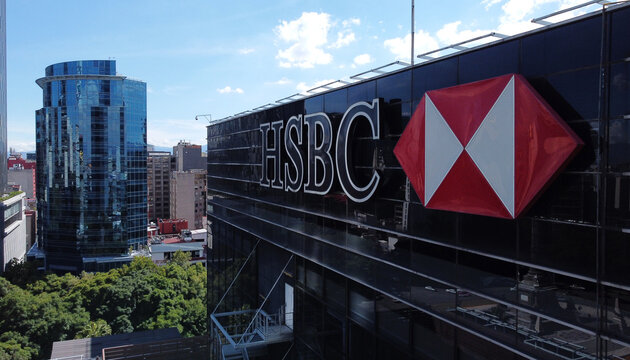 Mexico City, Mexico - October 26, 2021: Aerial view of HSBC building, Europe's largest bank by market value, located in Paseo de la Reforma avenue.