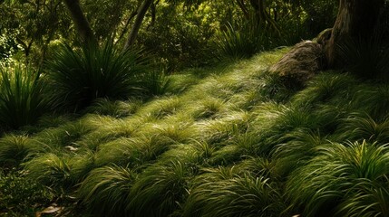 A vibrant forest scene features lush green grass and trees