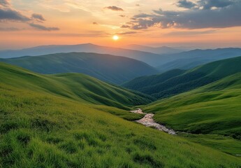 Naklejka premium Serene Sunset Over Rolling Green Hills with Gentle Stream Flowing Through Lush Valleys and Majestic Mountains in the Background