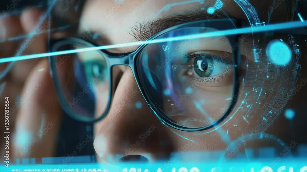 Poster software engineer in high tech glasses analyzing digital data through futuristic holographic interfa