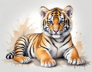 Obraz premium Adorable Tiger Cub: A Watercolor Painting of a Young Bengal Tiger