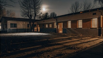 Obraz premium Moonlit abandoned building in a deserted courtyard with bare trees