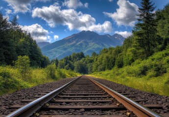 Fototapeta premium Serene View of a Mountain Range with a Clear Blue Sky and Lush Greenery Alongside a Tranquil Railway Track in Nature's Embrace