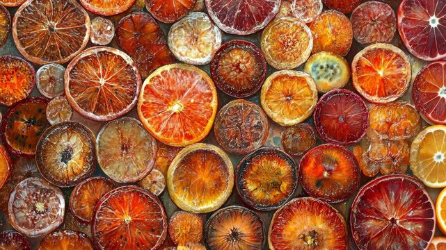 Vibrant display of dried citrus fruit slices arranged in a colorful pattern