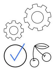 Two gears, blue check mark inside circle, and cherry pair combining themes of efficiency, quality, and completion. Ideal for concepts thumbs up teamwork, validation, goal setting, minimalism