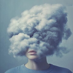 Dreamy Escape: Lost in Thought, Anonymous Face Hidden in Cloudscape, Serene and Mysterious sky awe  