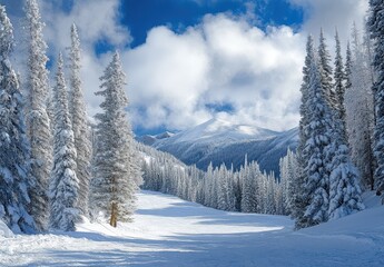 Serene Winter Landscape Featuring Snow-Covered Pines and Majestic Mountains Under a Blue Sky with Fluffy Clouds