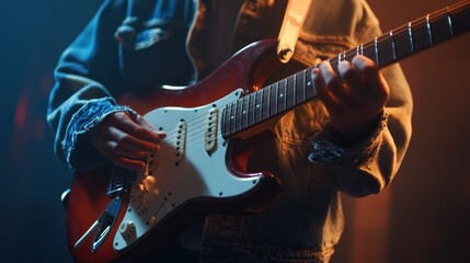 Obraz premium A person playing an electric guitar with a strap on