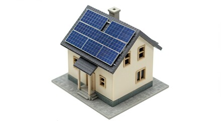 Model house with solar panels on roof showcasing renewable energy concept