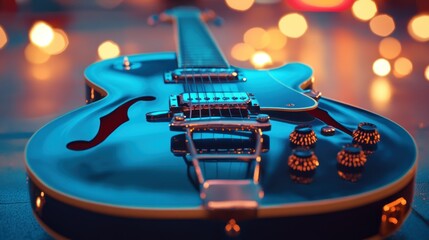 A shiny blue electric guitar lying on a smooth surface with lights