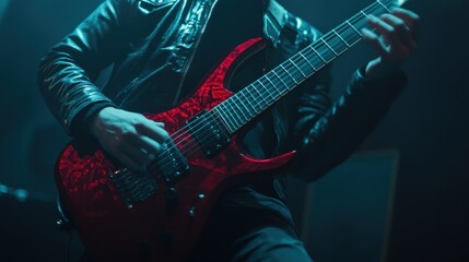 Obraz premium A musician plays a red electric guitar on a stage