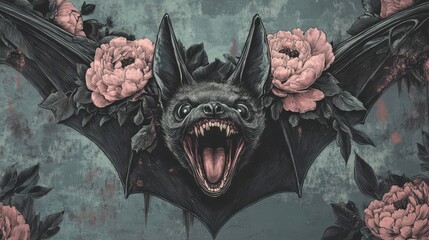 A Detailed Illustration Depicts a Bat Surrounded by Flowers