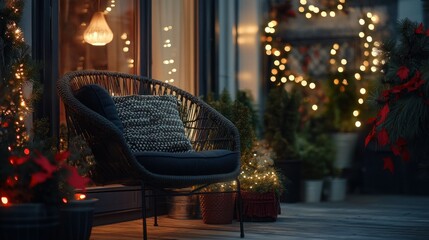 An outdoor scene of a cozy patio decorated with lights and foliage