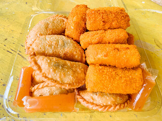 Jalangkote and Risol or Risoles Indonesian fritters snacks. 