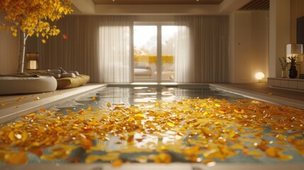 Tranquil Spa Retreat with Floating Leaves and Sunlit Indoor Pool