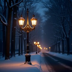 A bright street lamp on a snowy night.