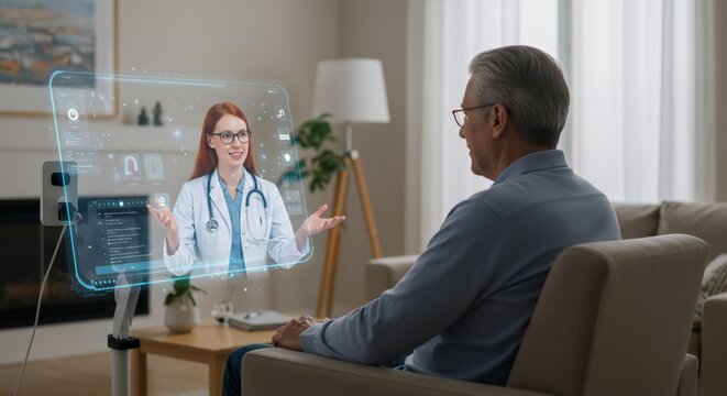 Senior man using futuristic holographic screen for telemedicine consultation with female doctor. Virtual healthcare, remote medical appointment, digital health technology concept