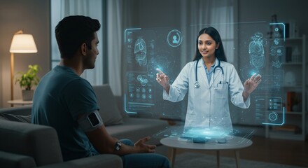 Futuristic telemedicine consultation with woman doctor using holographic interface to analyze patient data. Virtual healthcare technology for remote diagnosis and treatment