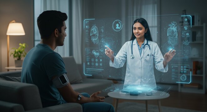 Futuristic telemedicine consultation with woman doctor using holographic interface to analyze patient data. Virtual healthcare technology for remote diagnosis and treatment