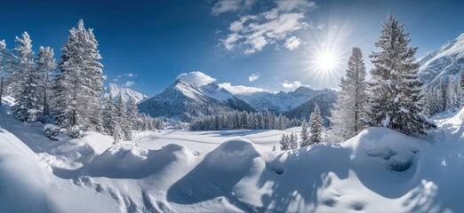 Fototapeta premium Snowy Mountain Landscape Under Bright Sunlight with Pine Trees Capturing the Beauty of Winter in a Serene Natural Setting