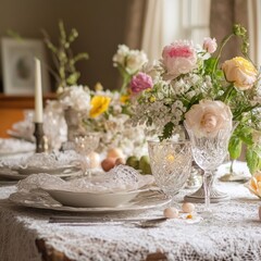 A vintage-inspired Easter table setting with lace tablecloths and fresh spring flowers