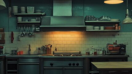 An indoor view of a retro styled commercial kitchen space