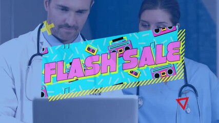 Doctors working on laptop with vibrant Flash Sale animation overlay - Powered by Adobe