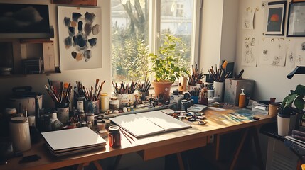Artist Workspace with Tools and Supplies in Bright Studio Light