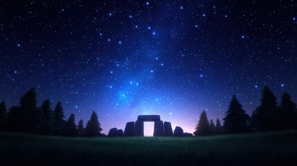Mystical stone circle under a starry night sky