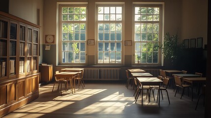 Sunlight Streaming Through Classroom Windows Casting Shadows on Wooden Floor