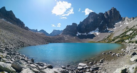 Obraz premium Stunning Alpine Lake Surrounded by Majestic Mountain Peaks Under a Clear Blue Sky Perfect for Nature Lovers and Outdoor Enthusiasts Photographic Art