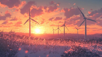 Majestic Wind Turbines Standing Tall Against Snowy Fields in Vibrant Sunset Glow