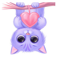 Obraz premium National Love a Tree Day Cat Climbing a Christmas Tree concept. Cute purple kitten hanging upside down with a heart, showcasing playful charm and affection.