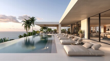 Fototapeta premium Luxurious Modern Villa with Infinity Pool and Ocean View at Sunset