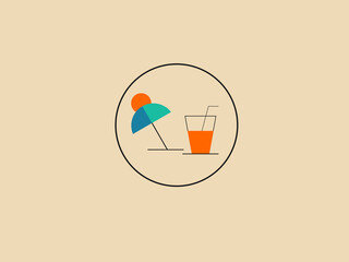 A minimalist illustration of a beach scene inside a circle